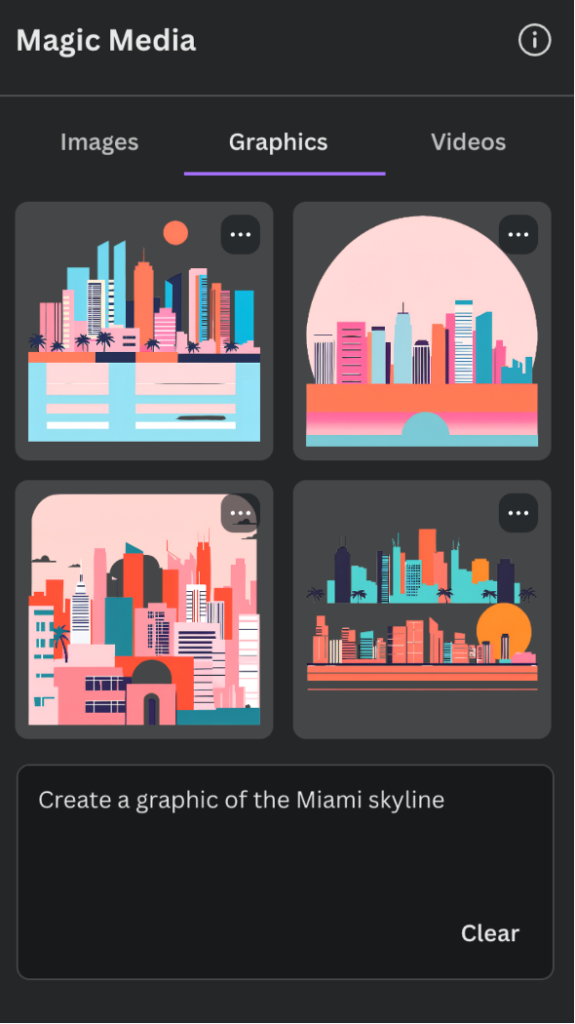 Canva Magic Media tool creating AI generated images based on these instructions: Create a graphic of the Miami skyline